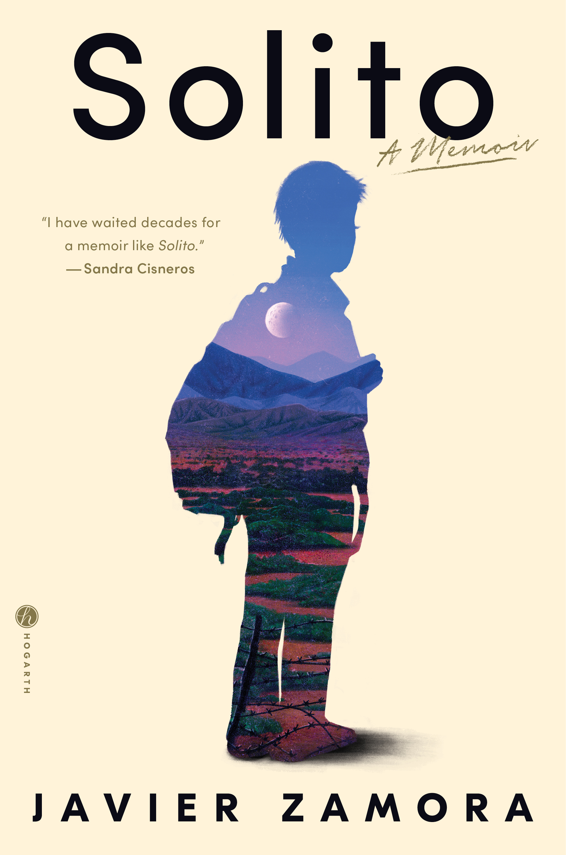 a silhouette of a young boy with a backpack filled in with a beautiful landscape including a barbed wire fence