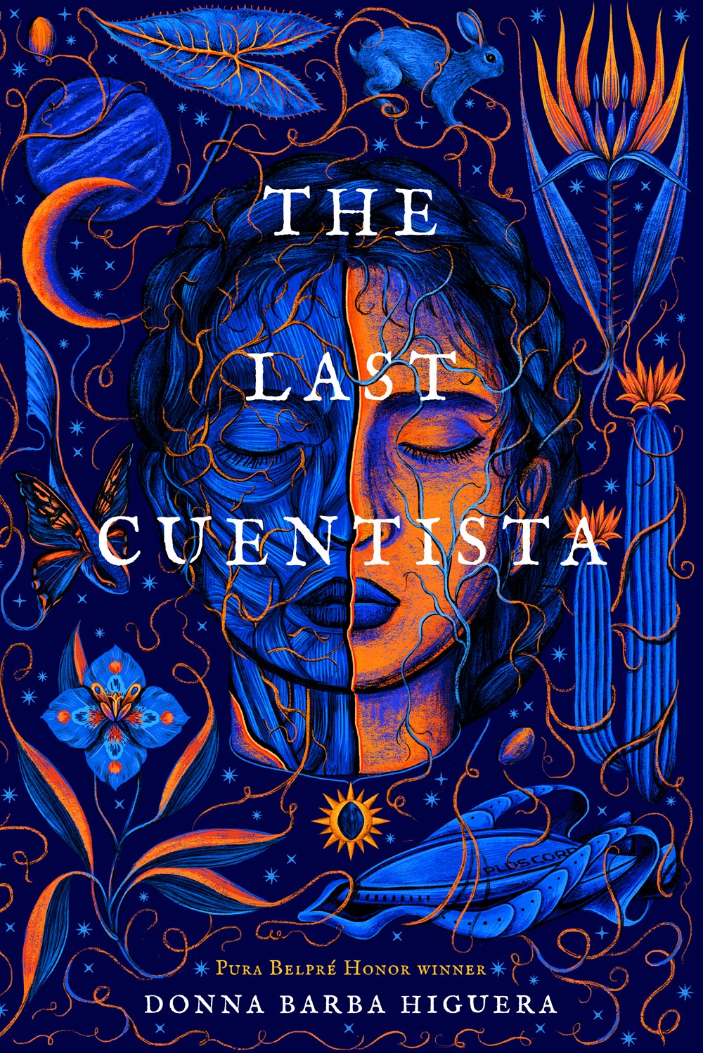 The Last Cuentista by Donna Barba Higuera, cover art is a stylized orange and royal blue woodcut appearing image of a young woman's face close up.