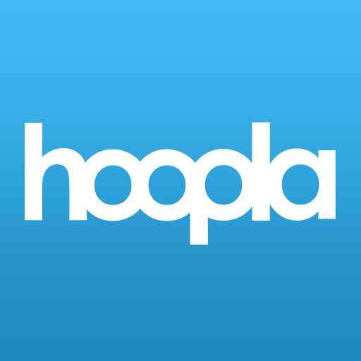 Hoopla logo, white word on blue background