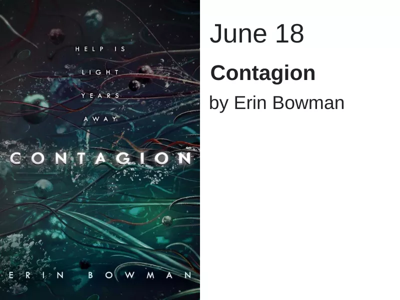 A very dark blue background with several round objects and strings. "Contagion" is written in white text in the center