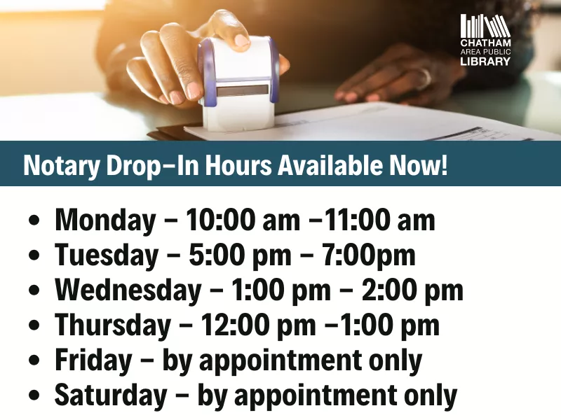 Notary Public Drop In Hours Monday - 10:00-11:00 Tuesday - 5:00 - 7:00 Wednesday - 1:00 - 2:00 Thursday - 12:00 -1:00 Friday - by appointment only Saturday - by appointment only