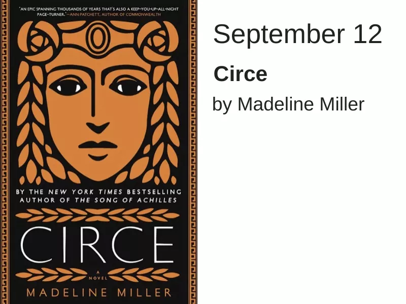 A woman&#039;s face, drawn to look like Greek pottery, in orange against a black background. The bottom reads &quot;Circe&quot;