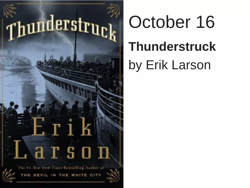 A black and white image of a large ship with a line of people entering.  White text at the top reads &quot;Thunderstruck&quot;