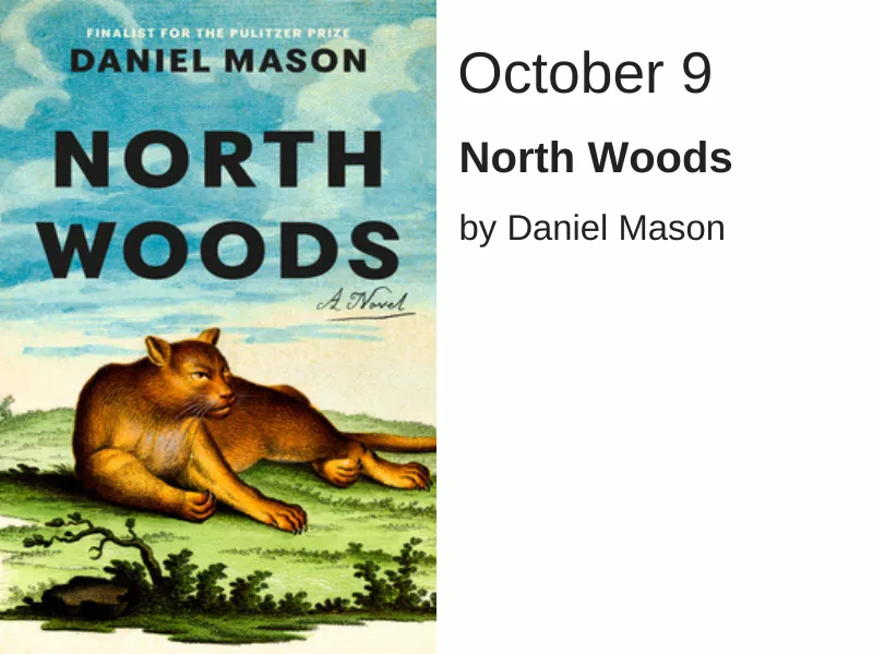 A drawing of a grassy field with a brown wildcat lying in the center. The words &quot;North Woods&quot; are written in black over the image.