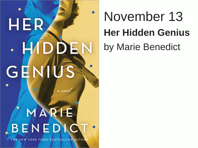 A photo of a woman where half is in a blue filter and half is in a yellow filter. The words &quot;Her Hidden Genius&quot; Are written in white over the image