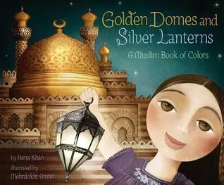 a girl holding a silver lantern in front of a golden-domed mosque
