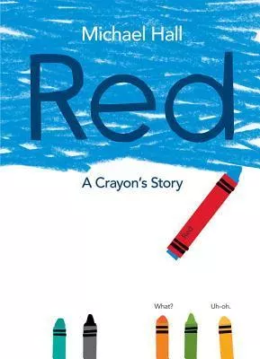 The red crayon is coloring the top half of the cover blue. Five other color crayons wait below.