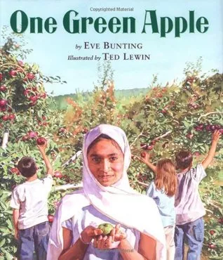 A photo of a girl in a traditional hijab holding an apple with kids behind her picking apples from trees
