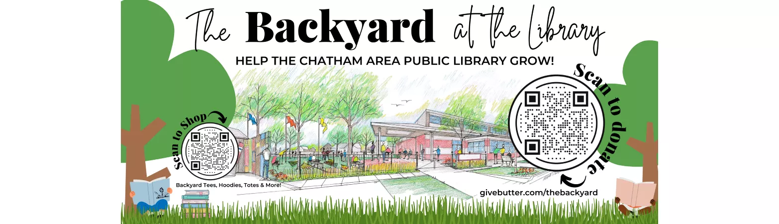 Architect's illustration of the Library building with a fenced in yard area. The Backyard at the Library. Help the Chatham Area Public Library grow! givebutter.com/donate. 